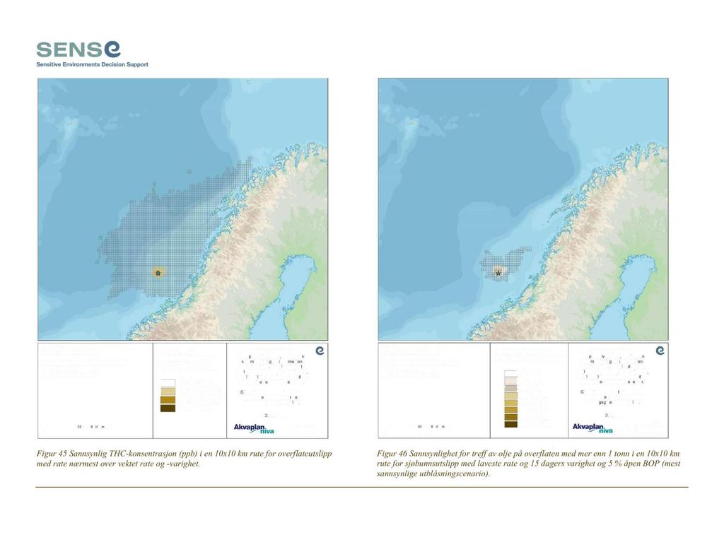 Figur 45 Sannsynlig THC-konsentrasjon (ppb) i en 10x10 km rute for overflateutslipp med rate nærmest over vektet rate og -varighet.