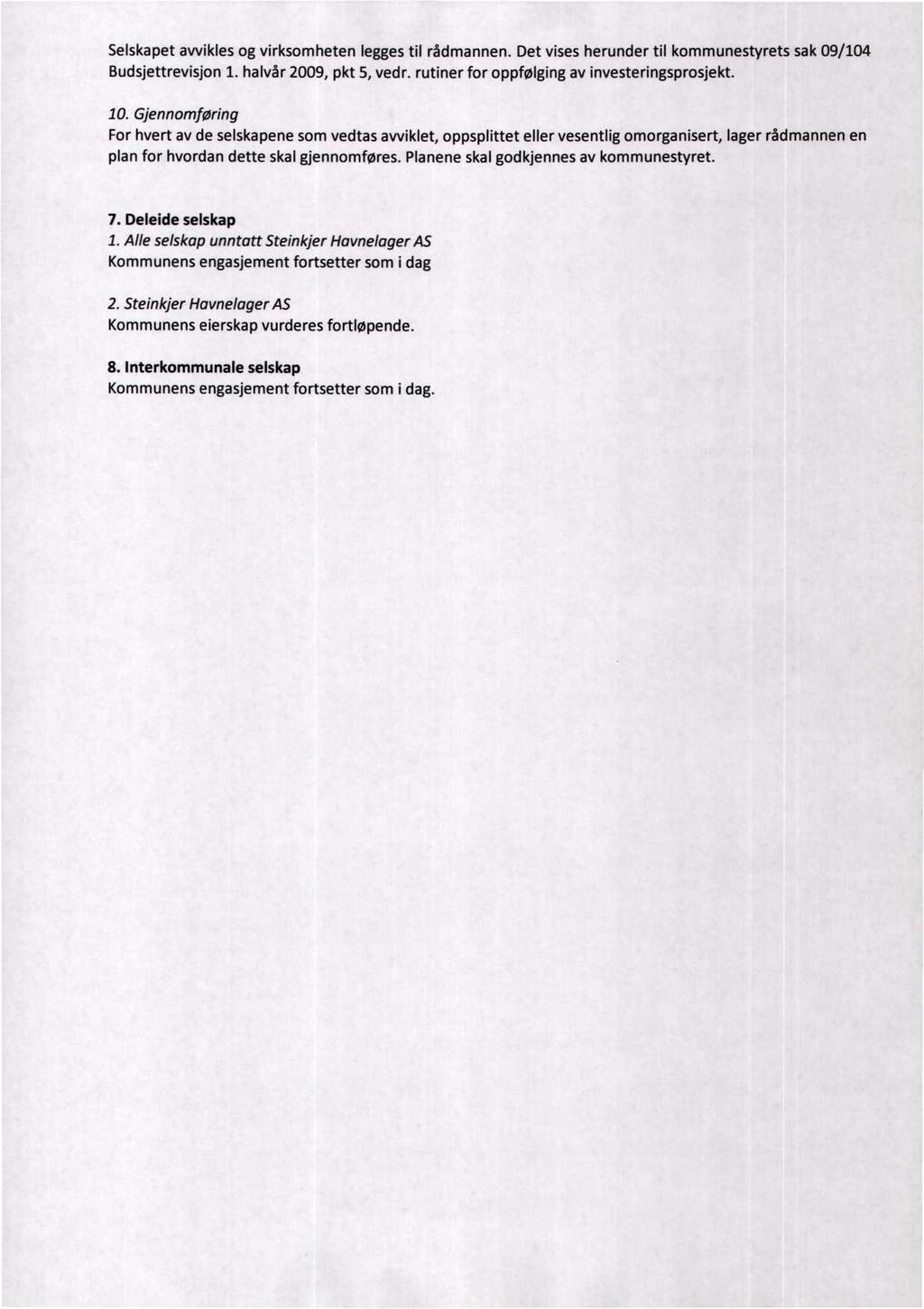 Selskapet awikles og virksomheten legges til rådmannen. Det vises herunder til kommunestyrets sak 09/104 Budsjettrevisjon 1. halvår 2009, pkt S, vedr. rutiner for oppfølging av investeringsprosjekt.
