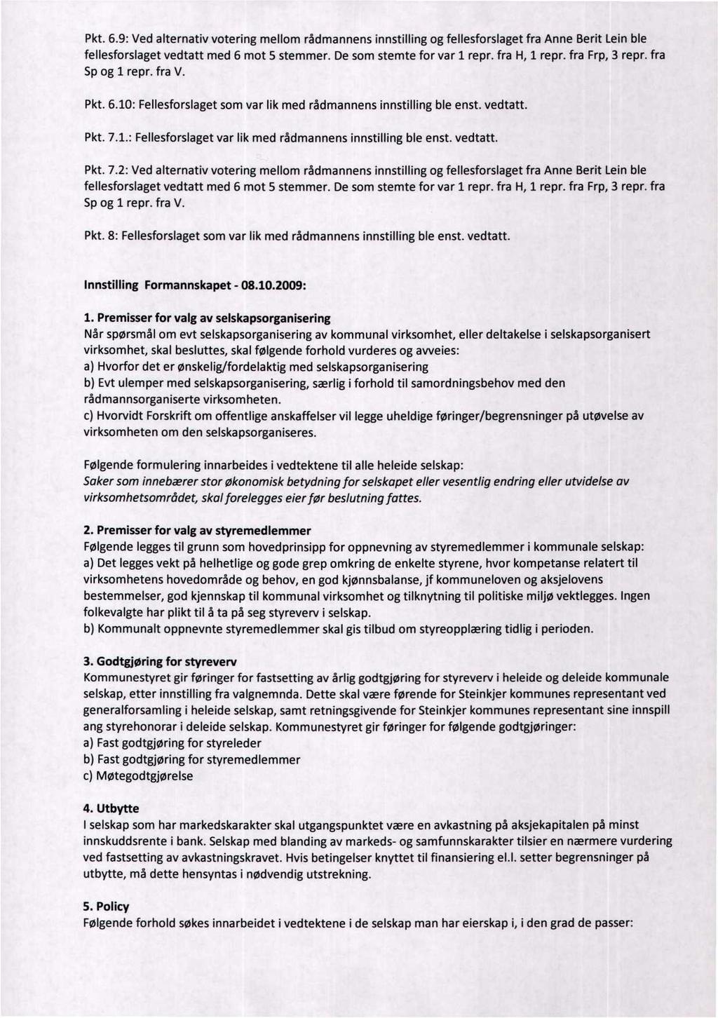 Pkt. 6.9: Ved alternativ votering mellom rådmannens innstilling og fellesforslaget fra Anne Berit Lein ble Pkt. 6.10: Fellesforslaget som var lik med rådmannens innstilling ble enst. vedtatt. Pkt. 7.