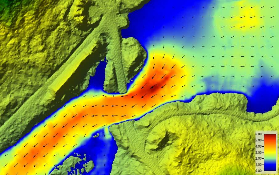 7 Skisseprosjekt Sveivhylen Figur 1. Hastigheter gjennom brua (m/s). Gjennomsnittshastighet er ca.