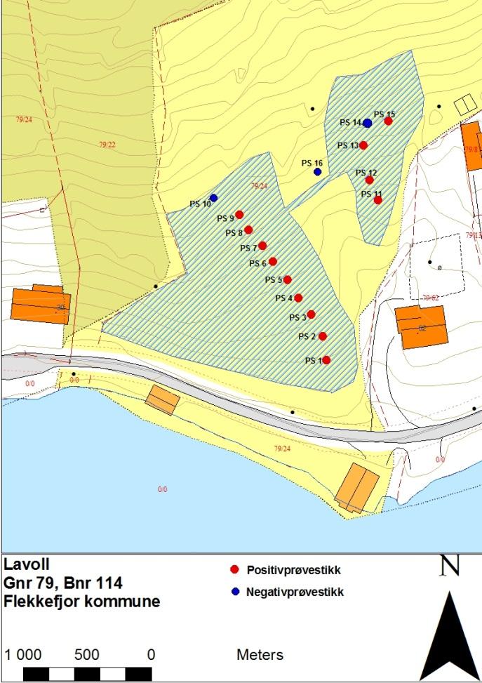 Figur 8. Kart vises plasseringen av prøvestikkene. De første åtte prøvestikkene ble gravd ut den 3. mai 2013 (PS1-PS8) mens resten ble gravd ut den 7. mai 2013, dvs. PS 9-PS16 (figur 7).