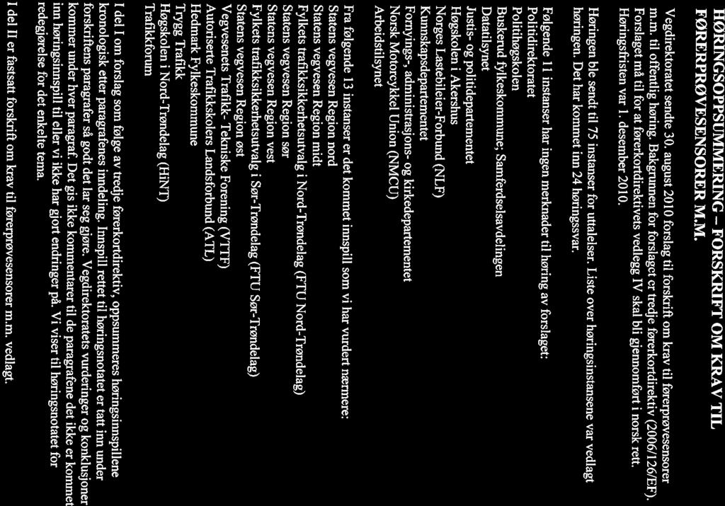 HØRINGSOPPSUMMERING - FORSKRJFT OM KRAV TIL F0RERPRØVESENSORER M.M. Vegdirektoratet sendte 30. august 2010 forslag til forskrift om krav til førerprøvesensorer m.m. til offentlig høring.