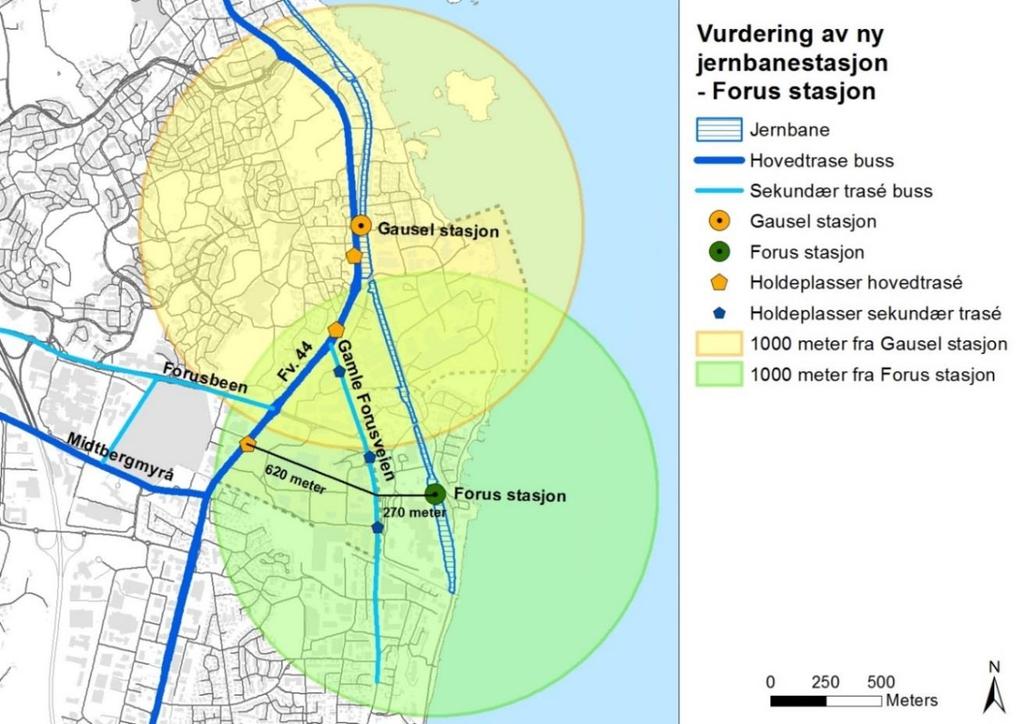 Figur 15 Influensområde og kobling til hovedkollektivstruktur. Reisestrømmer og passasjergrunnlag Det er to forhold som kompliserer reisebildet for Forus stasjon og området rundt.