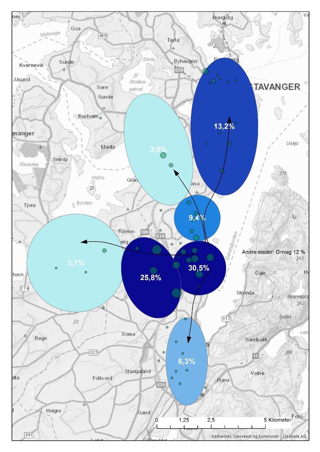 Figur 16 Målpunkter for daglige reiser, bosatte på Forus Øst, Kilde RVU 2012, SINTEF/Stavanger kommune Bildet av lokale reiser blir også bekreftet når vi ser arbeidssted for arbeidstakere bosatt i