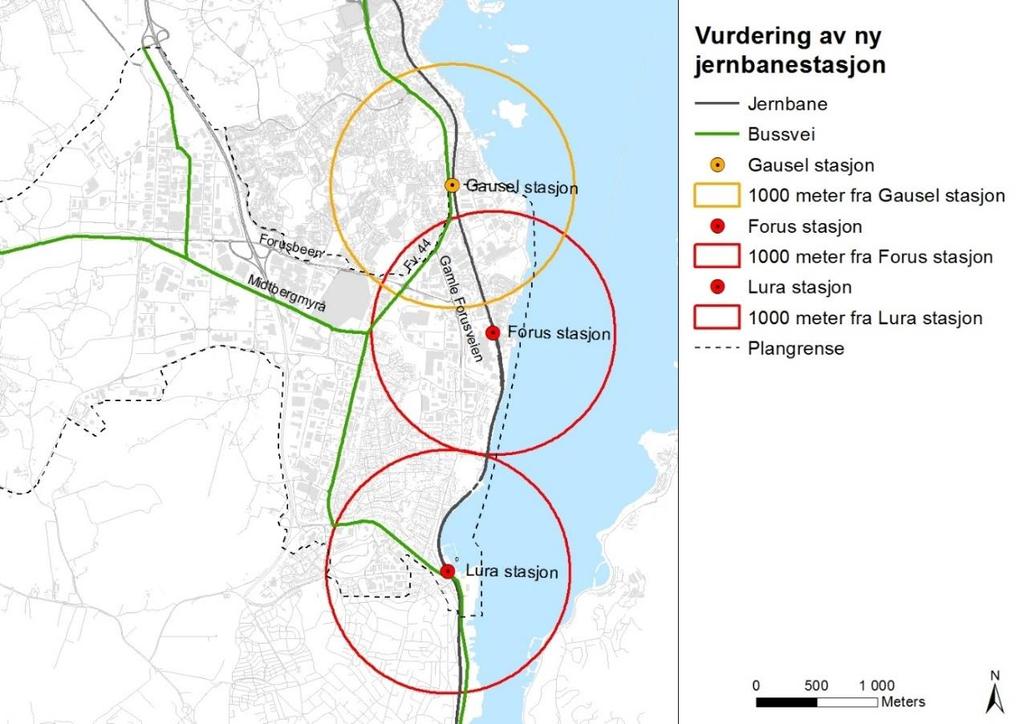 Figur 2. Omtrentlig plassering av togstoppene som skal vurderes og Gausel stasjon med 1000 meters rekkevidde fra stoppene.