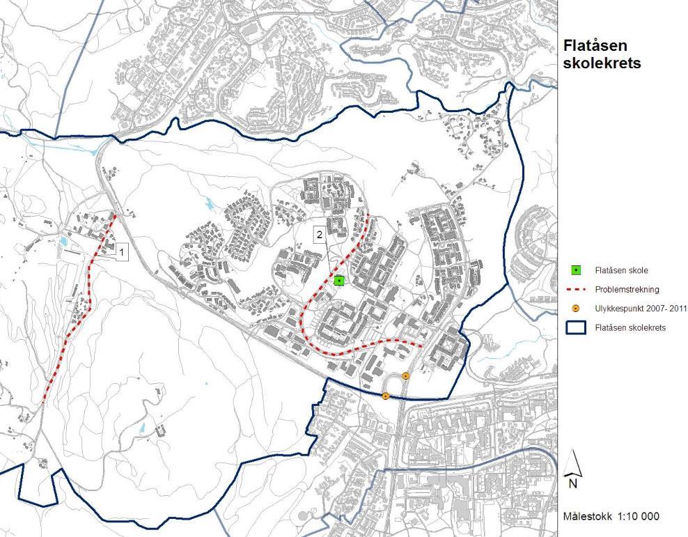 Figur 12 Oversikt over utrygge punkt og strekninger innen Flatåsen skolekrets. Kilde: Skolevegsrapporten 2012, Trondheim kommune. 4.