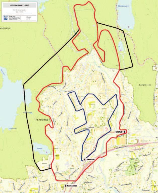 Bildet viser planavgrensningen av Ammerud er markert med rødt (den midterste avgrensingen), særlig innsatsområde er markert med blått (den innerste avgrensingen) og influensområde er markert med