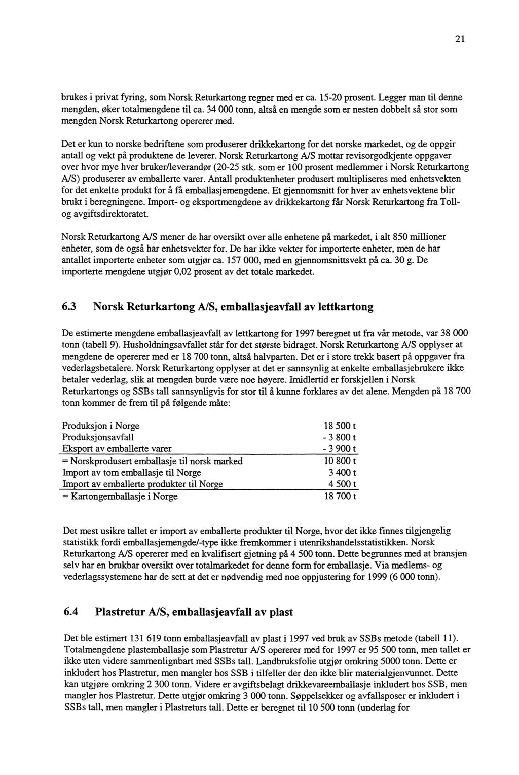 21 brukes i privat fyring, som Norsk Returkartong regner med er ca. 15-20 prosent. Legger man til denne mengden, øker totalmengdene til ca.