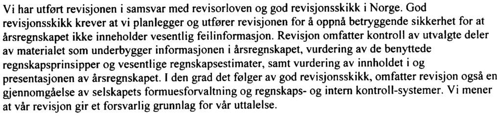 Vår oppgave er å uttale oss om årsregnskapet og øvrige forhold i henhold til revisorlovens krav. Vi har utført revisjonen i samsvar med revisorloven og god revisjonsskikk i Norge.