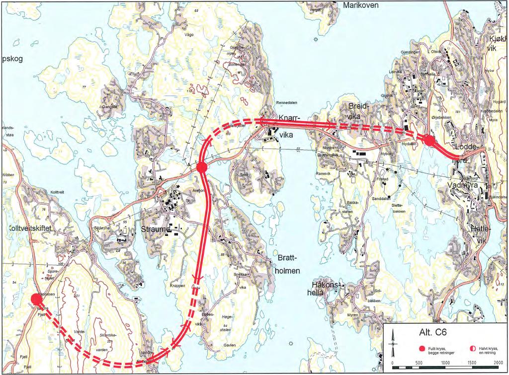 5.1.7 Trasealternativ C6 Bygging av ny 4-felts veg mellom Storavatnet i Bergen og Kolltveit via Søre Straume og Blommen. Bygging av ny 4-felts bru parallell med og nord for eksisterande bru. 5.1.7.1 Omtale av traseen Ved Storavatnet vert ny veg vridd nordover og inn i tunnel som går fram til like nord for Drotningsvik senter.