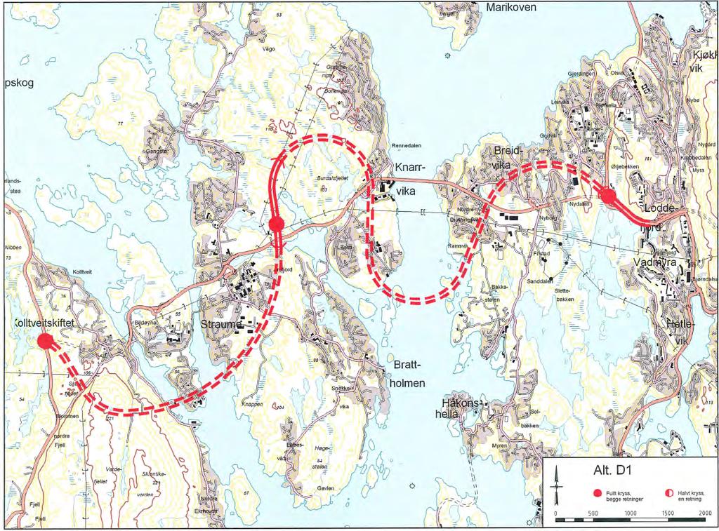 5.2 Prinsippløysing 2 undersjøisk tunnel mellom Bergen og Fjell 5.2.1 Trasealternativ D1 Bygging av ny 4-felts veg mellom Storavatnet i Bergen og Kolltveit.