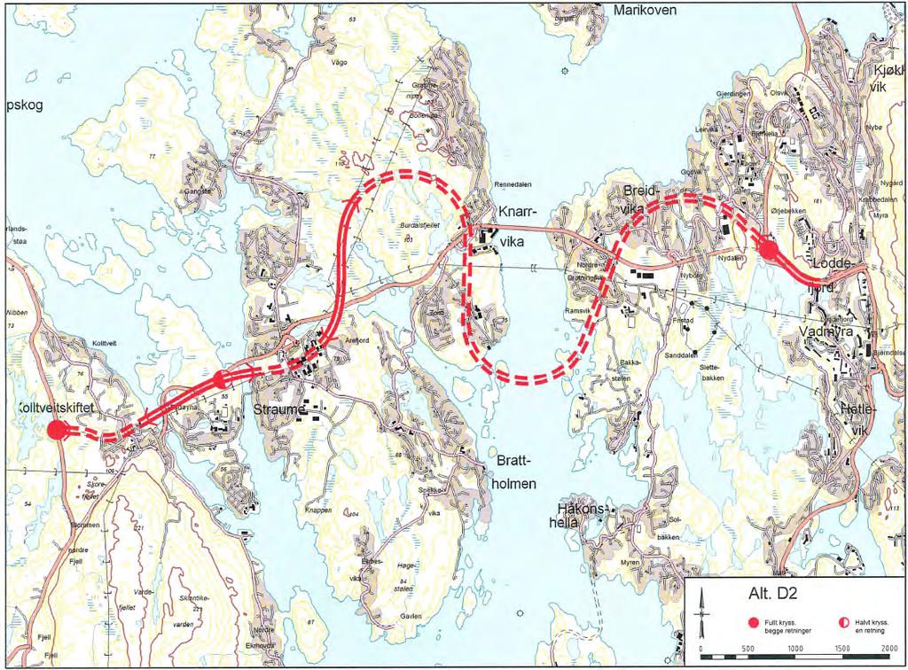 5.2.2 Trasealternativ D2 Bygging av ny 4-felts veg mellom Storavatnet i Bergen og Kolltveit. Bygging av ny 4-felts undersjøisk tunnel under Byfjorden til Arefjord.