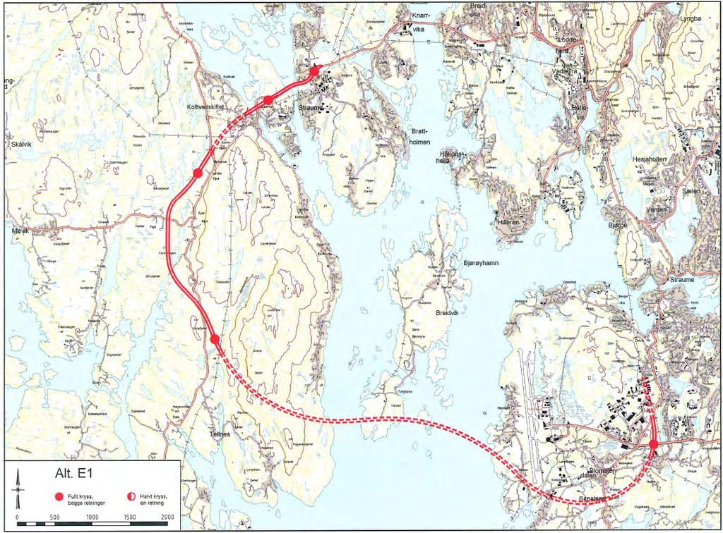 6 Hovudkonsept 3 Nytt vegsamband i ein sørleg korridor, Bergen sør - Sotra 6.1.1 Traséalternativ E1 Bygging av ny 4-felts veg mellom Birkelandsskiftet i Bergen og Straume i Fjell via Tellnes.