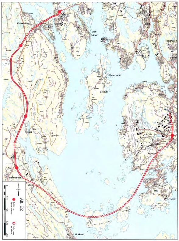 6.1.2 Traséalternativ E2 Bygging av ny 4-felts veg mellom Birkelandsskiftet i Bergen og Straume i Fjell via