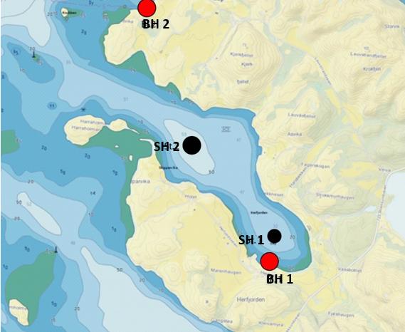 Her ble det tatt sedimentprøver på to stasjoner en stasjon i dypområdet i indre bassengområde (SH 1) og ytre og en stasjon på dypeste punkt i ytre bassengområde (SH 2) (Figur 29).