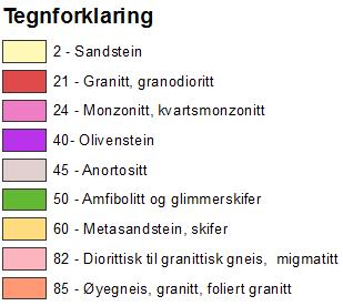 svært gamle gneisbergartar (grunnfjell). Strukturane er for det meste sterkt påverka av den kaledonske fjellkjedefaldinga. Berggrunnskartet syner også mindre felt med olivinstein i alle nedbørsfelta.