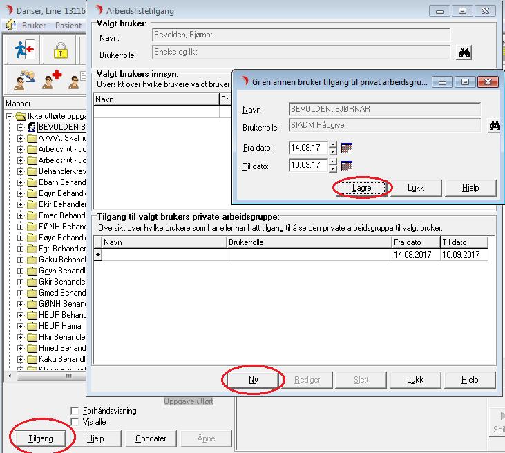Pleiere Fravær For å gi andre tilgang til egen arbeidsgruppe: 1. Velg knappen «Tilgang» i Mine arbeidsoppgaver 2. Velg knappen «Ny» i skjermbildet «Arbeidslistetilgang» 3.