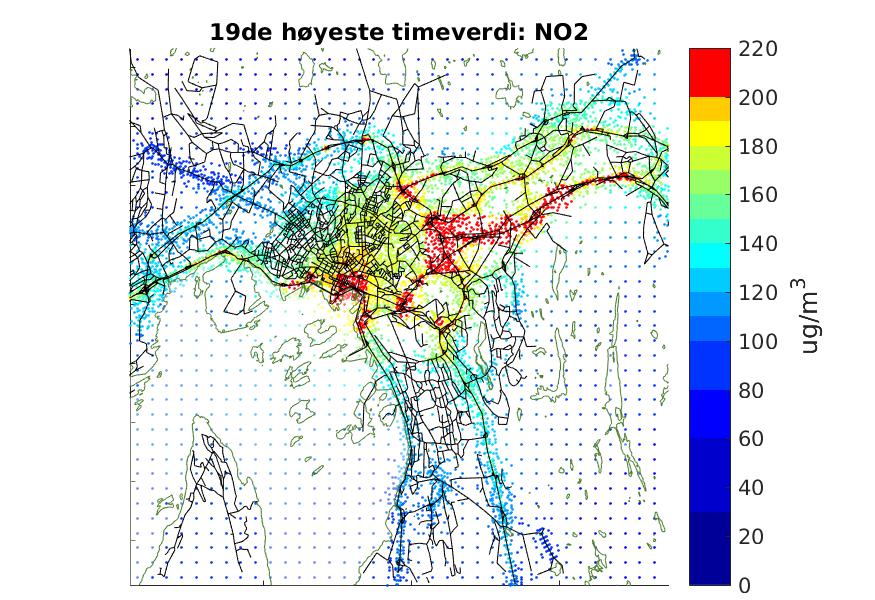 a) Dagens situasjon 2014 b) Referanse 2020 Figur 5: Kartene viser 19. høyeste timekonsentrasjonen for NO 2 (µg/m 3 ) for a) Dagens situasjon 2014 og b) Referanse 2020.