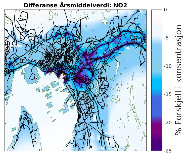 Figurene til venstre viser beregnet årsmiddel for NO 2 (µg/m 3 ) for 2020 for henholdsvis a) Tiltakspakke 1 og c)
