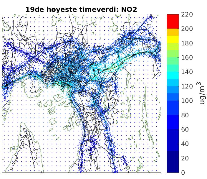 a) Tiltakspakke 1 b)tiltakspakke 2 Figur 18: Figurene viser 19. høyeste timekonsentrasjonen for NO 2 (µg/m 3 ) i Oslo for a) Tiltakspakke 1 og b) Tiltakspakke 2.