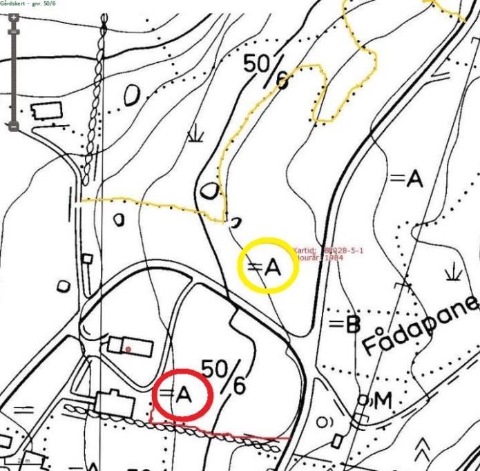 På kartet "Raster/eldre ØK" til venstre er de to areal rundt hovedhuset som er merket med henholdsvis rød og gul sirkel/linje.