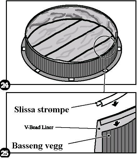 Ettersom bassenget fylles retter du ut alle rynker og stryker duken til veggen. 5. Fest duken. (bare V-Bead Liner) Dette trinnet gjelder bare hvis du har V- bead Liner.