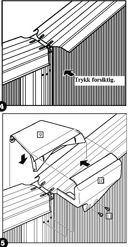 Fest topp skinnen gjennom de to ovale hullene, til topp platen under med to maskin skruer (Nr 8). Ikke stramm til skruene ennå. La skruene være løse til du har montert alle topp skinnene. c.