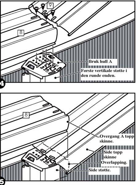 d. Begynn med en av overgang A topp skinnene, plasser den ene enden av topp skinnen (Nr 8) på topp platen på den ene langsidestøtten, og den andre enden på topp platen nærmeste den vertikale støtten,