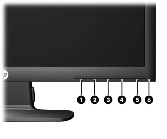 Kontroller på frontpanelet Figur 2-6 Kontroller på skjermens frontpanel Tabell 2-1 Kontroller på skjermens frontpanel Kontroll Funksjon 1 Menu [Meny] Åpner, velger eller avslutter skjermmenyen.
