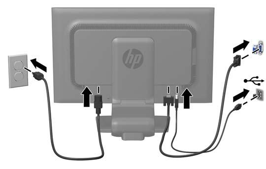 5. Koble den ene enden av strømkabelen til strømkontakten på baksiden av skjermen, og den andre enden til en stikkontakt.
