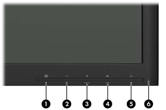 Kontroller på frontpanelet Figur 2-9 Kontroller på skjermens frontpanel Tabell 2-1 Kontroller på skjermens frontpanel Kontroll Funksjon 1 Menu [Meny] Åpner, velger eller avslutter skjermmenyen.