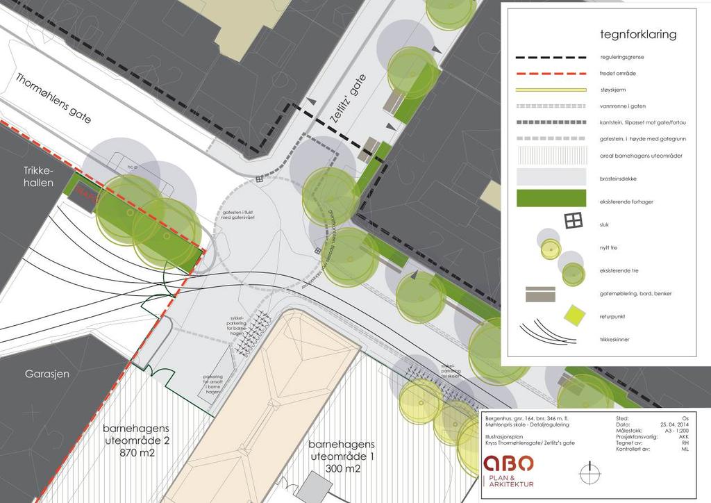 Figur 40 Illustrasjon som viser utformingen av snuplass i krysset Thormøhlens gate /Zetlitz gate, datert 25.04.2014. 8.7. Støytiltak Støysonekart viser rød og gul sone for trafikkstøy langs O. J.