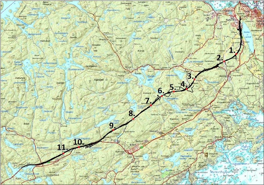 Figur 6. Kart over nye E18 Rugtvedt-Dørdal med planlagte faunapassasjer. Nr. henviser til passasjer gjengitt i tabell 2 og -3. Tabell 2.