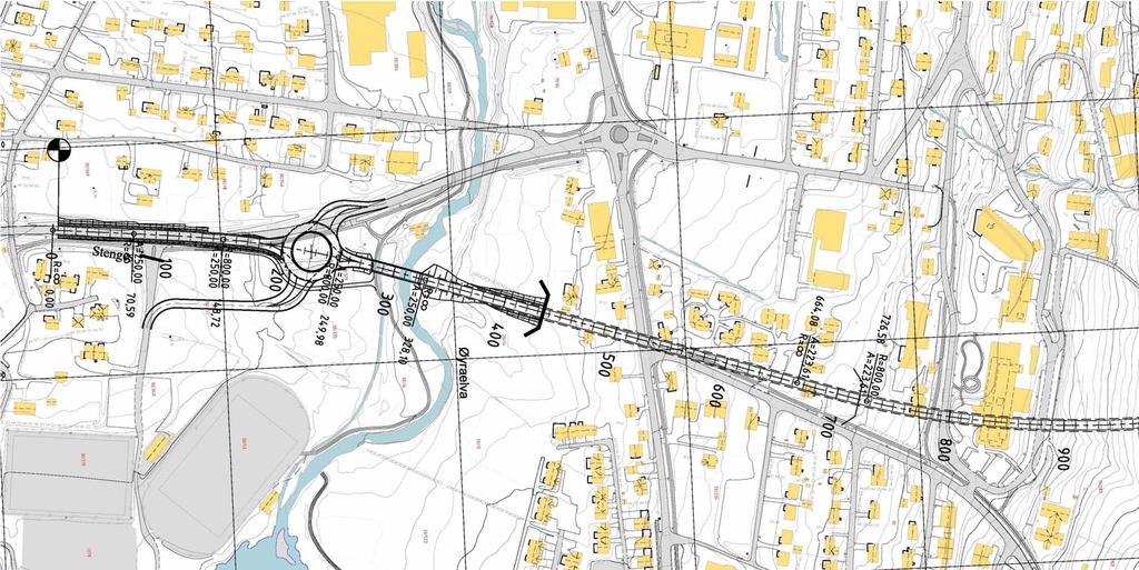 Alt B, bru over Øyraelva og inn i tunnel B4: Alternativet tar av sør for Sjukehuskrysset i Volda.