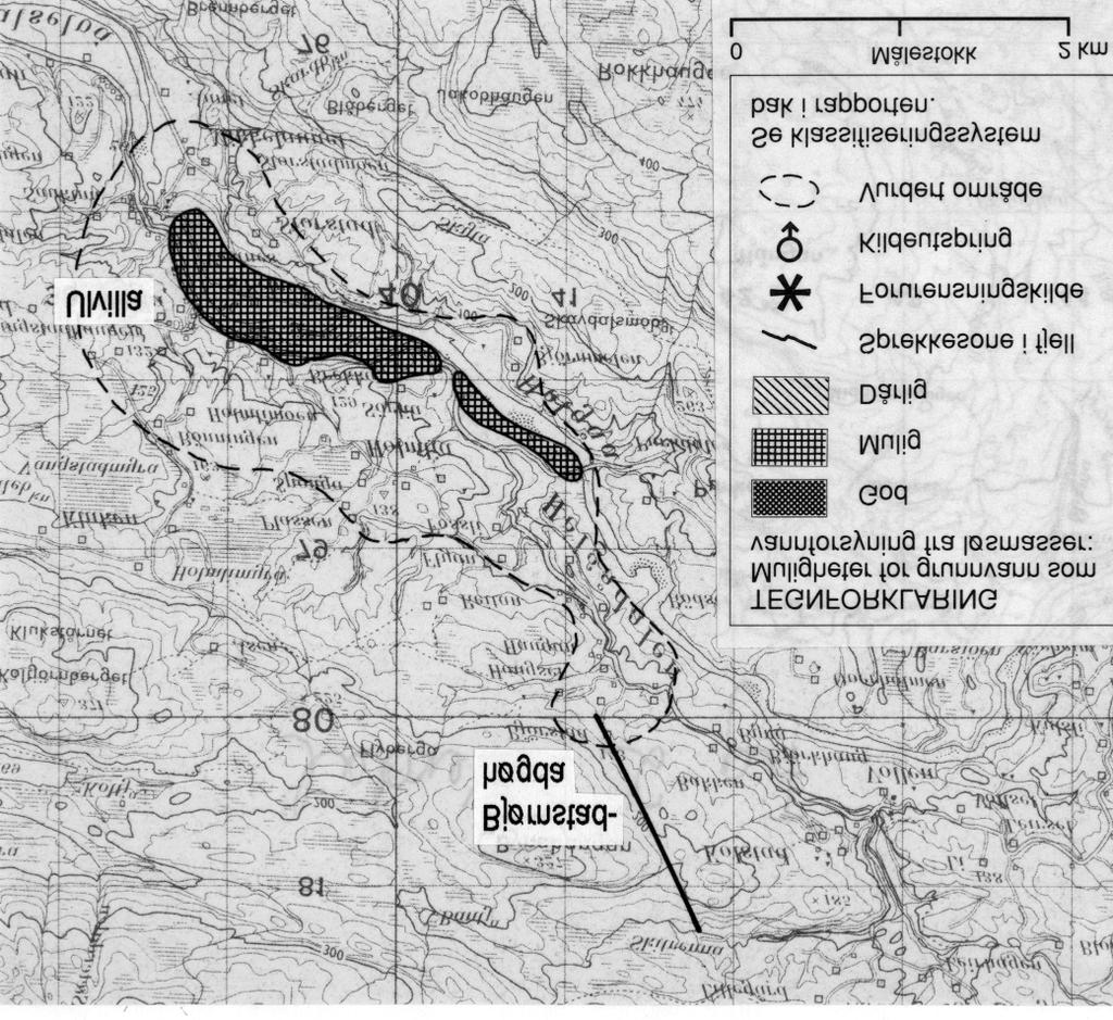 Fig.2. Utsnitt av kartblad (M711) 1722-I Vuku, som viser løsmasseavsetninger på strekningen Ulvilla-Bjørstadhøgda med muligheter for grunnvannsuttak.