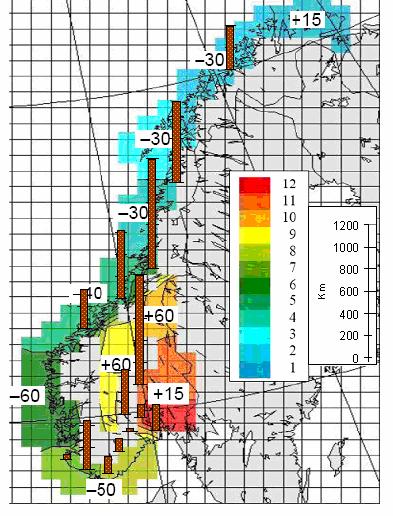 Side 17 Status og problemstillinger for grusvegnettet ved endret klima Figur 17: Sammenligning mellom %-vis endring i antall dager med temperaturvekslinger ± 2 o C om vinteren, og lokalisering av