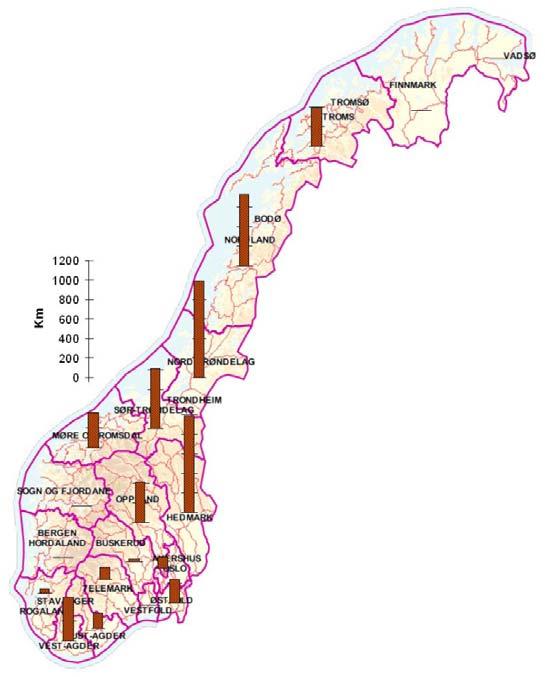 Status og problemstillinger for grusvegnettet ved endret klima Side 4 Figur 1: Kart over fordeling av grusveger på fylkesvegnettet.