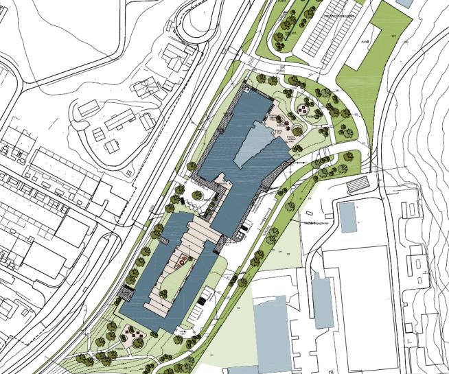 Beskrivelse av planen Samlet bruksareal for helse- og velferdssenteret skal ikke overstige 21 000 m² BRA, noe som gir en utnyttelsesgrad på ca 143 %.