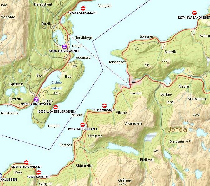 Akvakultur og smittehensyn 12973 Saltkjelen I 12074 Svåsandneset H/KM 0023, Tørvikvatnet H/KM 0012, Ljonesvågen 27315 Vikane 12022 Ljonesbjørgene 12019 Saltkjelen II 12081 Straumneset 12078 Gangdal