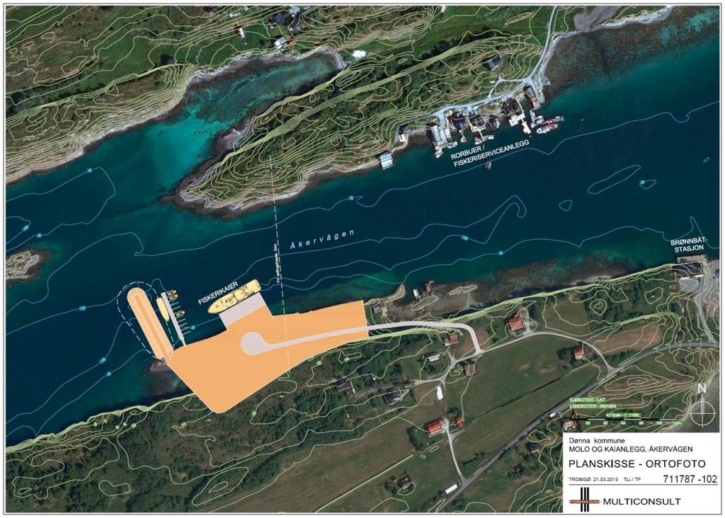 Figur 1. Oversiktskart over Åkervågen og omegn, hentet fra ArcMap. Tiltaksområde er innsirklet i rødt.