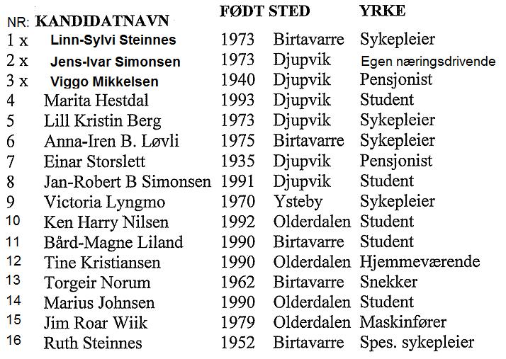 yrkeserfaring og bakgrunn, og vi har god kompetanse på spesielt helse, da vi har fem sykepleiere på lista med spesialisering innen flere områder.