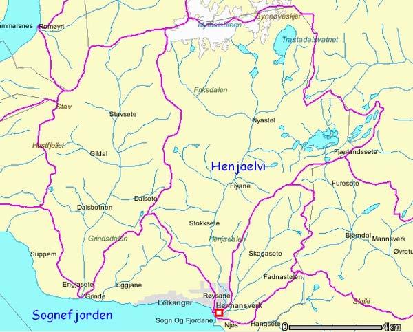 VASSDRAGET OMRÅDEBESKRIVELSE OG VERDIVURDERING Henjaelvi (NVE nr 77.5Z) har et samlet nedbørfelt på 652 km².