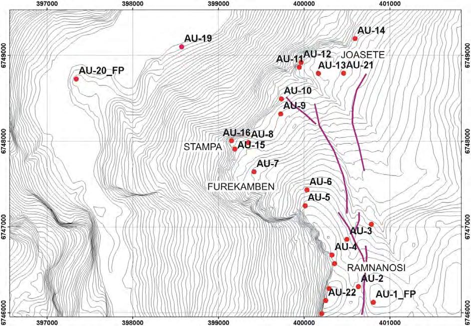 Furekamben (AU-15 og AU-16) etter ønske frå Flåm Utvikling/NGI i forbindelse med en mulig taubaneutbygging i dette området. Disse punktene er målt om igjen i 2007 og har derfor kun et års måleserie.