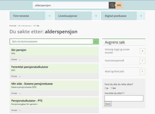Søkeordet «alderspensjon» gir dette