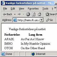 Know</td></tr> <tr><td>imho</td><td>in My Humble Opinion</td></tr> <tr><td>otoh</td><td>on the Other Hand</td></tr> </table> </html> Eksempel fra http://www.htmlhelp.com/reference/html40/tables/table.