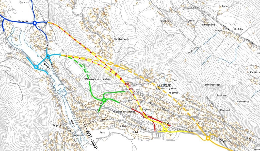 2.2 ALTERNATIV GJENNOM FAGERNES Figur 8 Oversikt over alternativer i Fagernes Silingsprosessen omfattet Kryssing av Neselve Alternativ 2 (grønn) kort tunnel eller