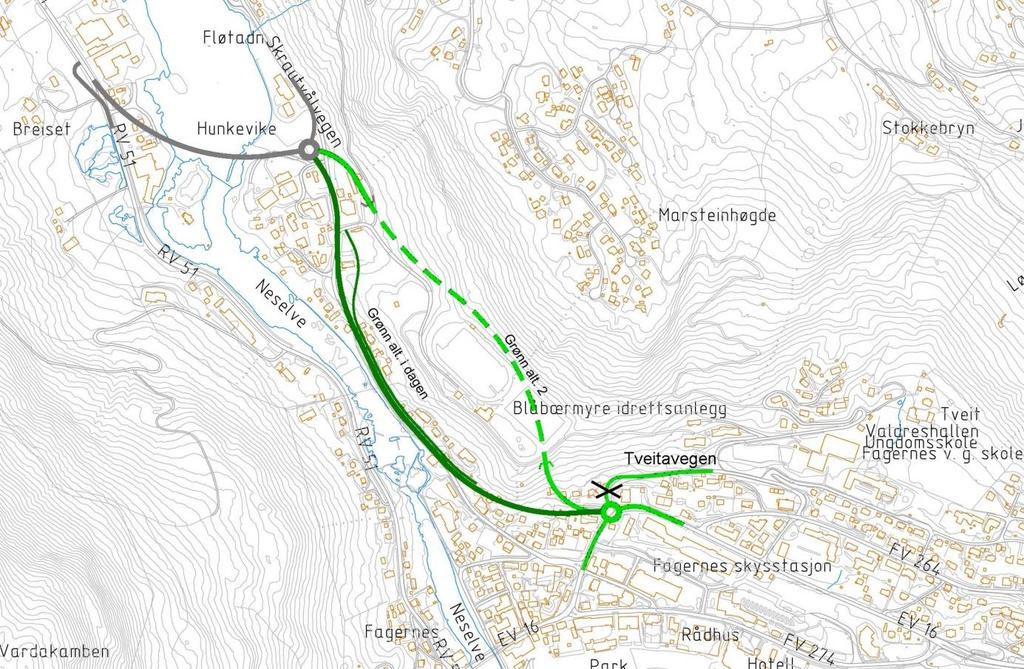 Alternativ 2 grønn Figur 10 Alternativ 2 - grønn, kort tunnel eller daglinje Alternativ 2 grønn, både tunnel og daglinje vil ivareta god tilknytning til Fagernes sentrum og styrke stedets rolle som