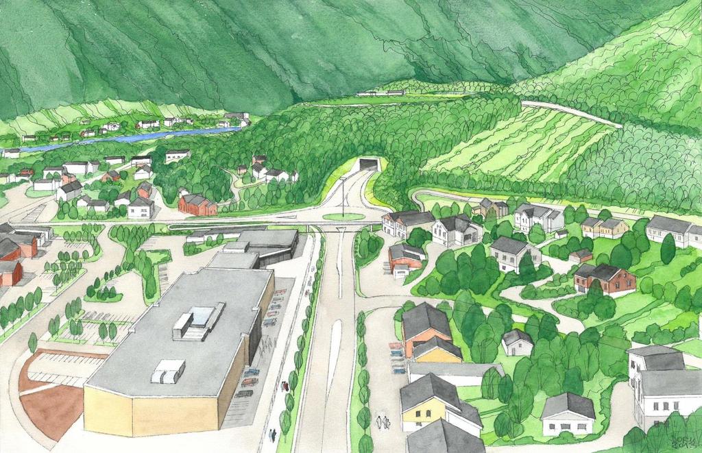 6.2 ALTERNATIV 2 - GRØNN LINJE Man benytter eksisterende E16 fra øst og helt fram til krysset med Tveitavegen og Shellstasjonen. Her etableres tunnel som går under Blåbærmyre idrettsanlegg.