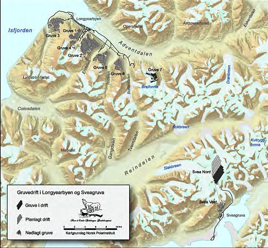 van Mijenfjorden, Sveagruva. Sommeren 1934 ble det satt i gang undersøkelser. Undersøkelsene ble innstilt i 1937 uten at det ble tatt noen beslutning om igangsettelse av drift.