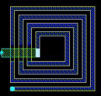 Figur 3: Spole i layout Figur 4: Imaginær impedans i realistisk spole Spolene er firkantete spiralspoler, se Figur 3. Metallene 0, 1 og 2 kan brukes.